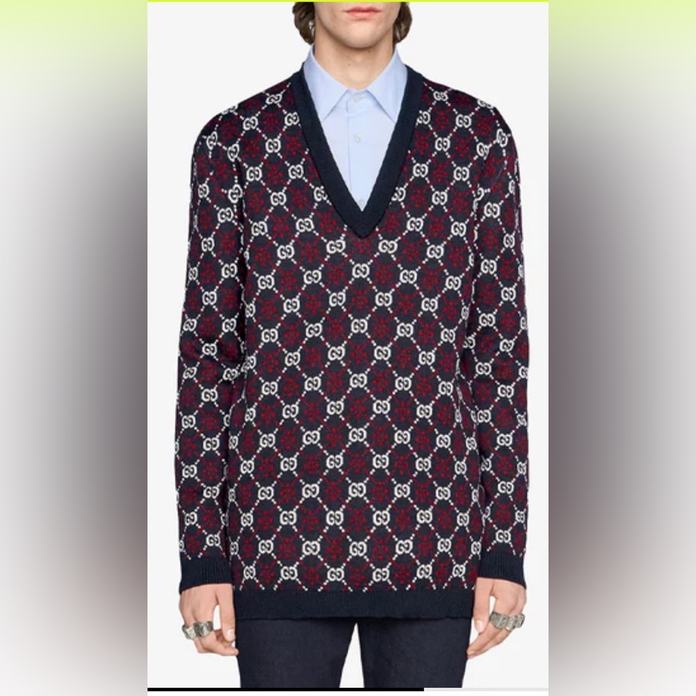 Gucci Men's Navy Sweater Blue Red White GG LOGO V Neck Pullover Knit  Size M